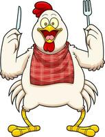 faim poulet coq dessin animé personnage avec couteau et fourchette. vecteur main tiré illustration