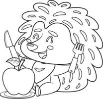 décrit content hérisson dessin animé personnage est à la recherche à une rouge Pomme avec une fourchette et couteau. vecteur illustration