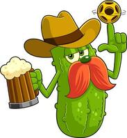 cow-boy cornichon dessin animé personnage filage une pickleball et en portant une verre de bière. vecteur main tiré illustration