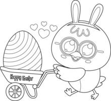 décrit mignonne poussin dessin animé personnage pousser Chariot avec décoré œuf. vecteur main tiré illustration