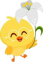 mignonne Jaune poussin dessin animé personnage en marchant et en portant une fleur. vecteur illustration plat conception