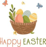 illustration pour Pâques journée. panier avec mignonne Pâques œufs, brins de les plantes et papillons. content Pâques une inscription vecteur