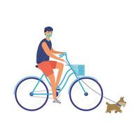 jeune homme portant un masque médical à vélo avec chien vecteur