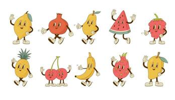 ensemble de mignonne rétro dessin animé fruit et baie mascottes. ancien pastèque, cerise, ananas, mangue, poire, Grenade, dragon fruit, banane, framboise personnages. vecteur illustration.