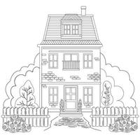 coloriage dessin antistress noir et blanc. maison sur deux étages avec balcon, clôture et verdure autour, buissons fleuris. illustration vectorielle à colorier, isolé sur fond blanc vecteur