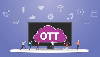 ott over the top platform service concept avec des gens autour de smart tv style plat moderne vecteur