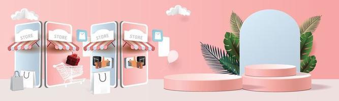 papier art shopping en ligne sur smartphone et nouveau fond rose de promotion de vente d'achat pour le concept de femmes de commerce électronique du marché des bannières. vecteur