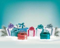 Carte de Noël avec des cadeaux sur un fond d'hiver de neige vector illustration