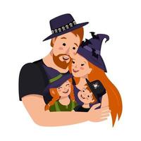 famille heureuse aux cheveux roux en costumes pour halloween. papa, maman, fille et fils en chapeaux de sorcière pour le carnaval d'automne. vecteur