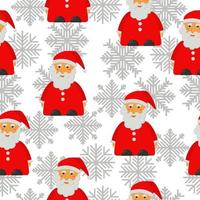 Modèle sans couture du père Noël, personnage barbu dans un costume rouge et flocons de neige sur fond blanc vecteur
