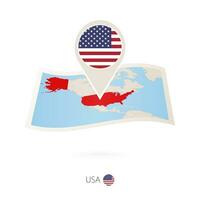 plié papier carte de Etats-Unis avec drapeau épingle de uni États de Amérique. vecteur