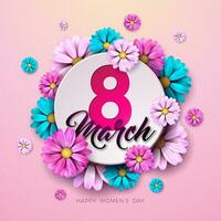 8 mars. content aux femmes journée floral salutation carte. international vacances illustration avec fleur conception sur rose Contexte. vecteur printemps modèle.