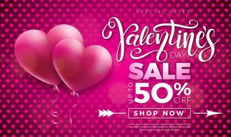 valentines journée vente conception avec rouge cœur ballon sur rose Contexte. vecteur spécial offre illustration pour coupon, bannière, bon ou promotionnel affiche.