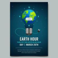 Terre heure journée Mars 26e prospectus avec lumière ampoule et temps globe illustration vecteur