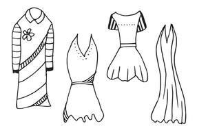 doodle vecteur vêtements pour femmes dessinés à la main sur fond blanc.