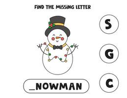 trouver la lettre manquante avec le bonhomme de neige de dessin animé. fiche d'orthographe. vecteur
