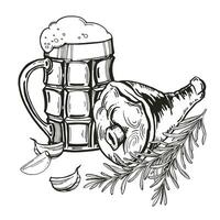 esquisser de verre de bière, grillé porc jarret, Romarin et ail, main tiré vecteur illustration de nourriture et boire, Bière tasse, griffonnage graphique, noir et blanc couleur, monochrome