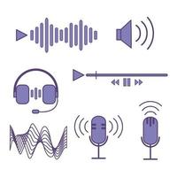 icônes sur podcast, radio, audio, microphone, piste audio. vecteur