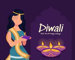 femme de diwali tenant une lampe à huile, vacances de diwali sur fond violet, carte de voeux de célébration de diwali, vecteur. vecteur