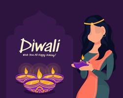 femme de diwali tenant une lampe à huile, vacances de diwali sur fond violet, carte de voeux de célébration de diwali, vecteur. vecteur