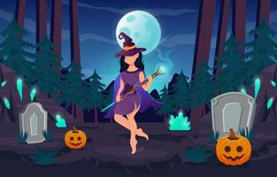 Joyeux Halloween. la femme sorcière porte des déguisements et une baguette en diamant pour faire un tour ou un régal au clair de lune. vecteur