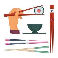 baguettes en bois articles de cuisine orientale manger de la nourriture bâton coloré du japon manger des sushis illustrations de fruits de mer vecteur