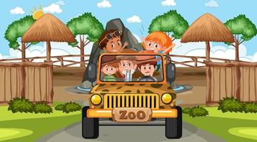 zoo à la scène de jour avec de nombreux enfants dans une voiture jeep vecteur