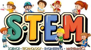logo de l'éducation tige avec personnage de dessin animé de nombreux enfants vecteur