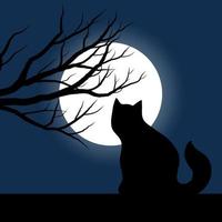 scène de nuit avec chat, lune et arbres en silhouette vecteur