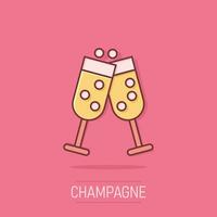 Champagne verre icône dans bande dessinée style. de l'alcool boisson vecteur dessin animé illustration sur isolé Contexte. cocktail éclaboussure effet affaires concept.