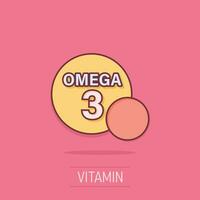 oméga 3 icône dans bande dessinée style. pilule capsule dessin animé vecteur illustration sur isolé Contexte. biologique vitamine nutritif pétrole poisson éclaboussure effet affaires concept.