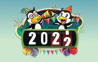 deux pingouins célèbrent le compte à rebours du nouvel an vecteur