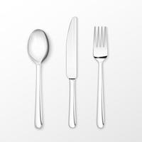 cuillère, fourchette et couteau de table en argent vectoriel réaliste.