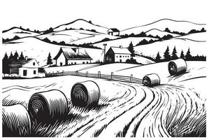 rural paysage paysage panorama de campagne pâturages. meules de foin sur le champ sur petit collines. vecteur