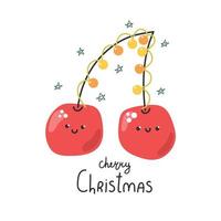 cerises mignonnes dessinées à la main avec guirlande et texte cerise noël. vecteur