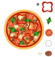 gros rond Pizza avec fromage tomate salami olive champignon oignon Stock vecteur illustration isolé sur blanc Contexte