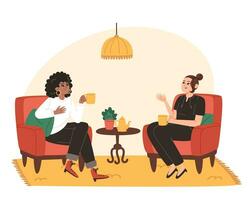 Jeune femmes asseoir dans confortable les fauteuils, boisson de café et parler vecteur