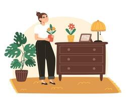 Jeune femme soins pour intérieur les plantes vecteur