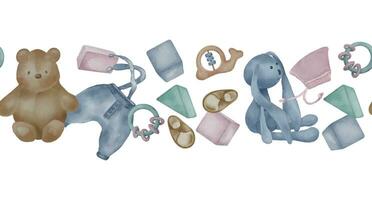 sans couture frontière avec nounours ours, doux lapin neutre couleurs isolé sur blanche. main tiré illustration de bébé jouets dans pastel nuances. peint bébé chiffon. conception pour nouveau née douche, bébé pièce vecteur