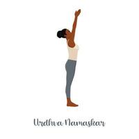 femme performant Urdhva Hastasana, ascendant main yoga pose, asana de surya namaskar séquence, Soleil salutation complexe. vecteur