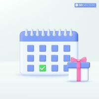 calendrier avec cadeau boîte icône symboles. du quotidien anniversaire un événement programme planificateur, mariage journée. boxe journée vente et enregistrer le Date concept. 3d vecteur isolé illustration conception. dessin animé pastel minimal style