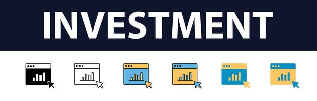 investissement Couleur remplir icône ensemble. investissement, profit, actif, investisseur, portefeuille, dividende, capital, risque, inflation Icônes vecteur, icône, analyse, actif, lier, économie, éducation, icône, analyse, actif, vecteur