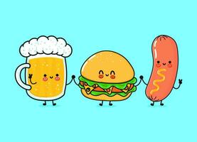 verre de bière heureux mignon et drôle, saucisse de hamburger. personnages de kawaii de dessin animé dessinés à la main de vecteur, icône d'illustration. verre de dessin animé drôle de concept d'amis bière, hamburger et saucisse vecteur