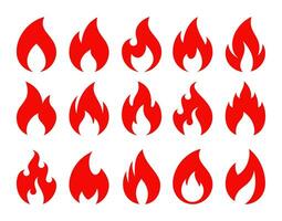 Feu Icônes. chaud brûlant flamme, feu de camp et énergie rouge symboles. génial, passionnant ou cool Feu émoji, flamber feu. boule de feu logo isolé vecteur ensemble