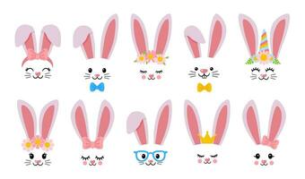 lapin visages. dessin animé lapin oreilles et visages avec décoratif éléments. marrant lapins dans lunettes, animal dans fleur couronne. décor éléments pour Pâques fête vecteur ensemble