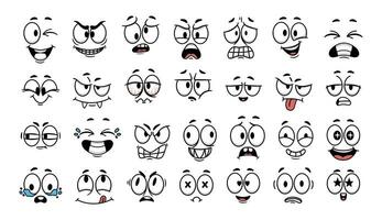 dessin animé visage expression. émotif bande dessinée visage avec yeux, bouches, langue et dents. concept caricature sentiment. content, triste et en colère personnages émotions. vecteur ensemble