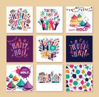 Éléments de vecteur joyeux holi pour la conception de cartes, conception joyeux holi avec icône colorée sur 9 cartes