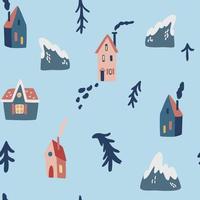 modèle sans couture de maisons d'hiver. arbres de noël montagnes et maisons. paysage d'hiver dans un style scandinave. fond de décoration de vacances pour papier peint, vêtements, invitations d'emballage, affiches. vecteur