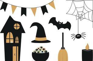 ensemble halloween de fantôme, araignée, chauve-souris, guirlande, maison, bougie, yeux et balai vecteur