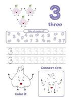 beaucoup Jeux sur un page pour préscolaire enfants. Couleur page, point à point, trace. apprentissage nombre 3 vecteur